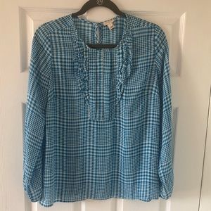 JCrew  Blue Ruffle Houndstooth blouse — size 8
